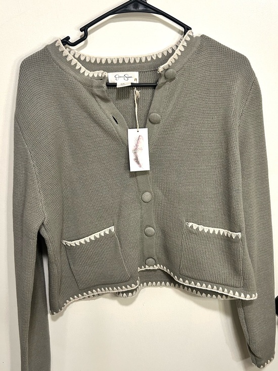 Jessica Simpson Sweaters - Jessica Simpson Cropped Knit Cardigan in Sage with Cream Trim